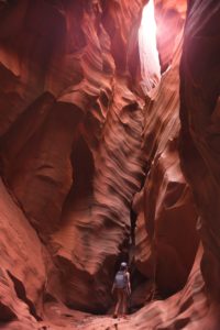 Girl Standing Inside a Canyon with Camera and Tripod