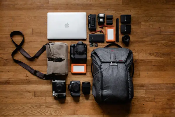 Camera bag and gear - top view