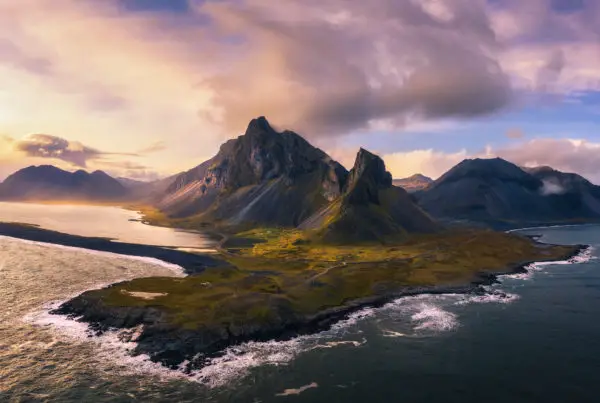 Aerial View of the Eystrahorn with Krossanesfjall Mountain in Iceland at sunset